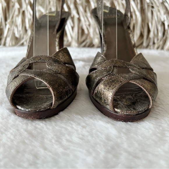 STIART WEITZMAN 6.5 Leather Distressed Peep Toe Gold Brown Heels Buckle - Picture 6 of 11